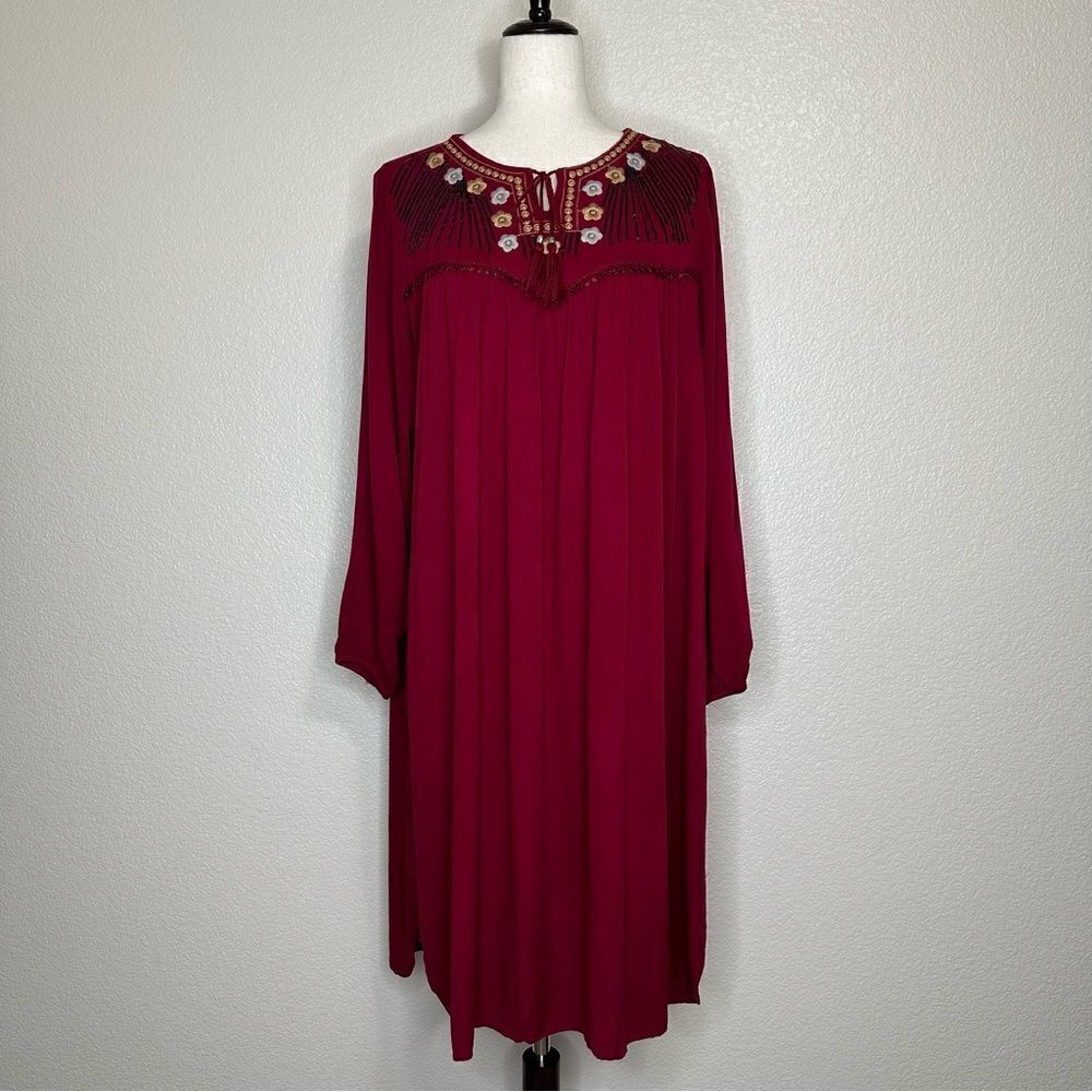 Dabenti Embroidered Sequins Burgundy Long Sleeves Midi Dress, Size XL